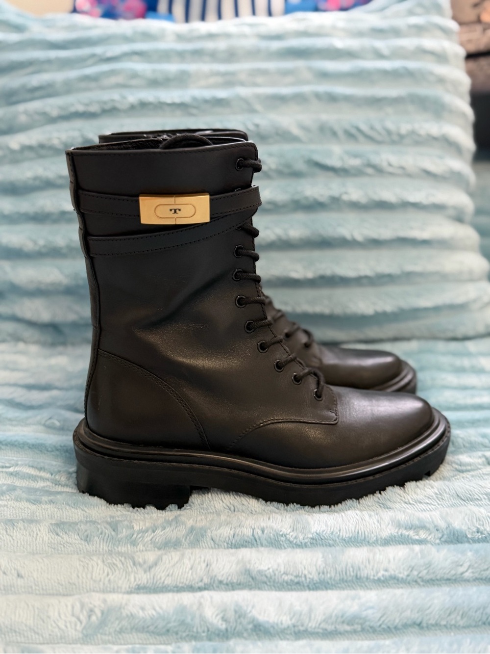 Tory Burch Black Leather Lace-Up Combat Boots with Gold Plaque